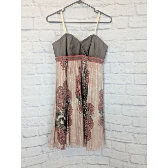 BCBG Max Azria Strapless Bohemian Silk Minidress Flowy Summery Pink Brown Size 4 - Picture 1 of 9